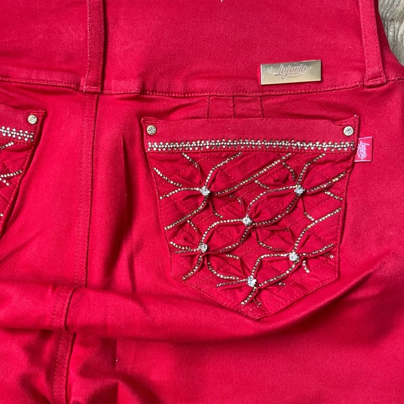 LUJURIA JEANS, Colombian Butt Lifter Rhinestone Red Skinny Jeans SIZE 3 - Picture 2 of 10